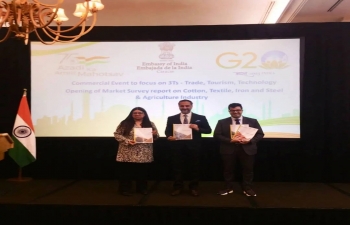  Amb. Abhishek Singh along with Venezuelan Vice Foreign Minister H.E. Tatiana Pugh and Vice Minister H.E. Daniel Gomez launched new Market Surveys organized by the Embassy in the field of Iron & Steel, Cotton, Textile and Agriculture. These will benefit our exporters in these sectors.